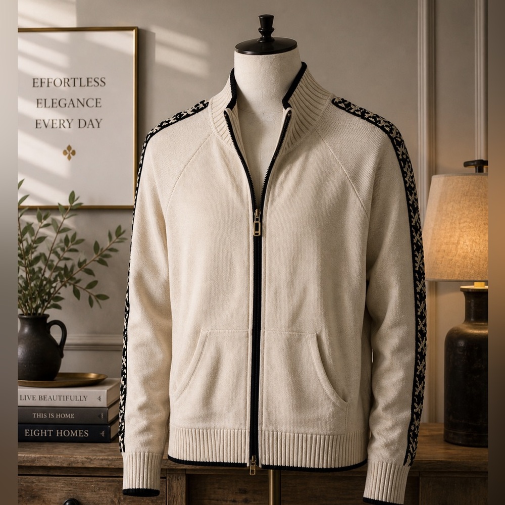 St. John Sport Elegant Cream Zip-Up Sweater with Black Trim - Size Small
